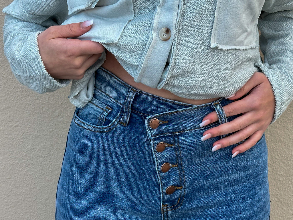 Crossover denim high waisted wide leg jeans