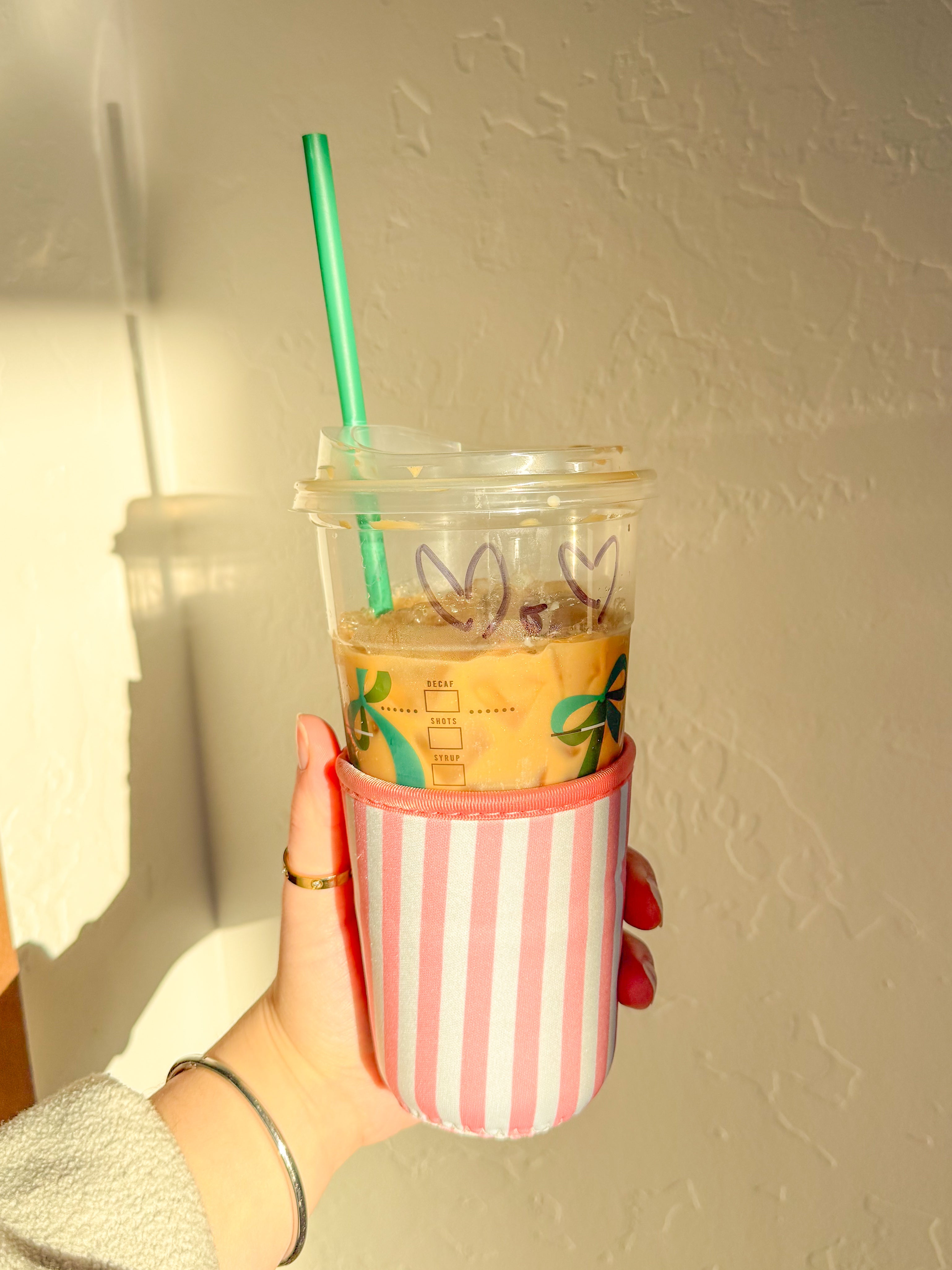 Peach stripe drink sleeve/ Iced coffee koozie